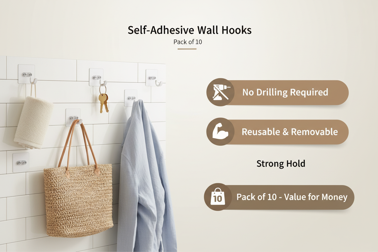 Self-adhesive plastic wall hooks pack of 10 - benefits and uses infographic